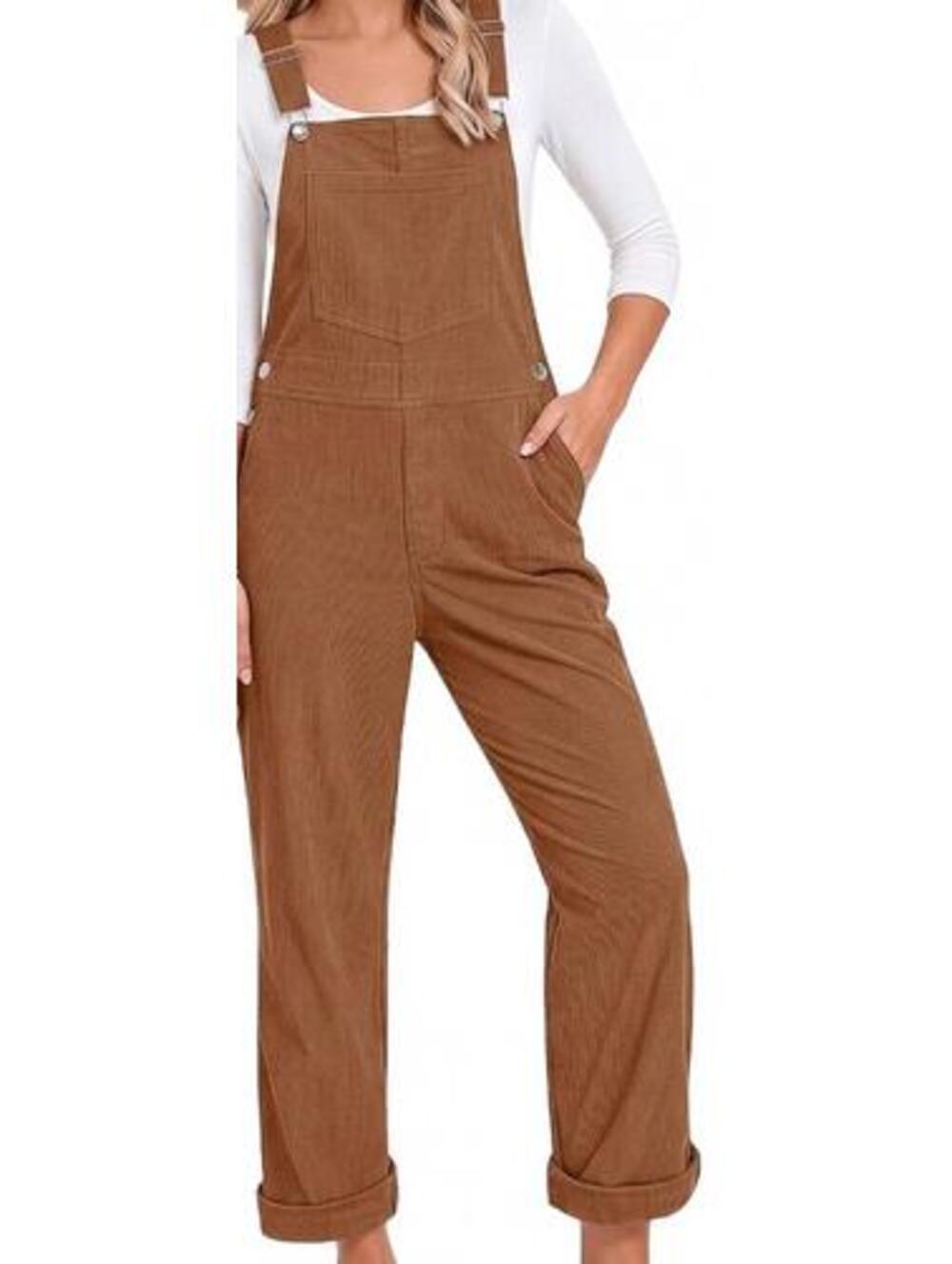 Corduroy Loose Fit Baggy Straight Brown Straps Jumpsuit Overalls Pants Size L